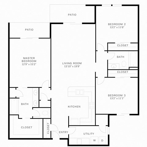 Floor plan for 3 beds, 2 baths
